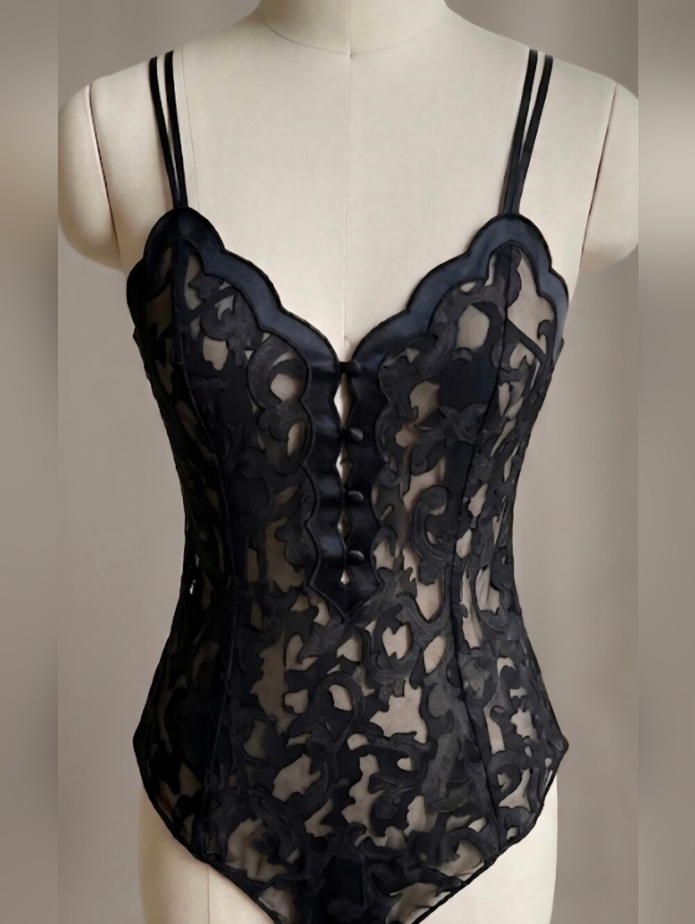 Vintage Victoria's Secret Black Sheer Burnout Bodysuit Scalloped Devore Teddy VS